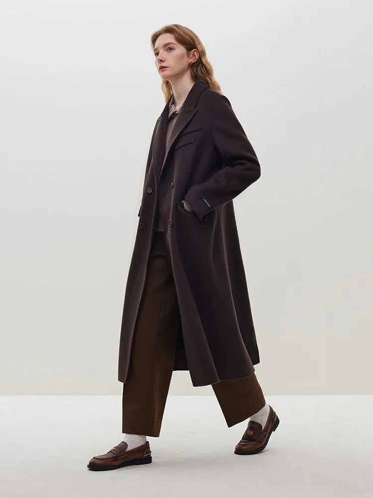 100% Wool Long Coffee Woolen Peacoat