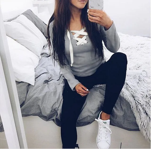 2018 Sexy Casual Kawaii Hoodies Sweatshirts Women Fashion Long Sleeve V-neck Bandage Hoodies Shirts Casual Sexy Women Tops GV371