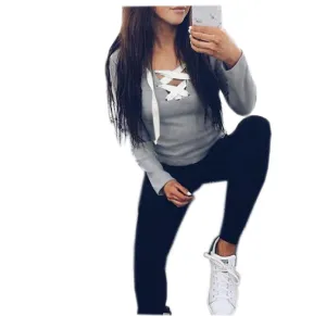 2018 Sexy Casual Kawaii Hoodies Sweatshirts Women Fashion Long Sleeve V-neck Bandage Hoodies Shirts Casual Sexy Women Tops GV371