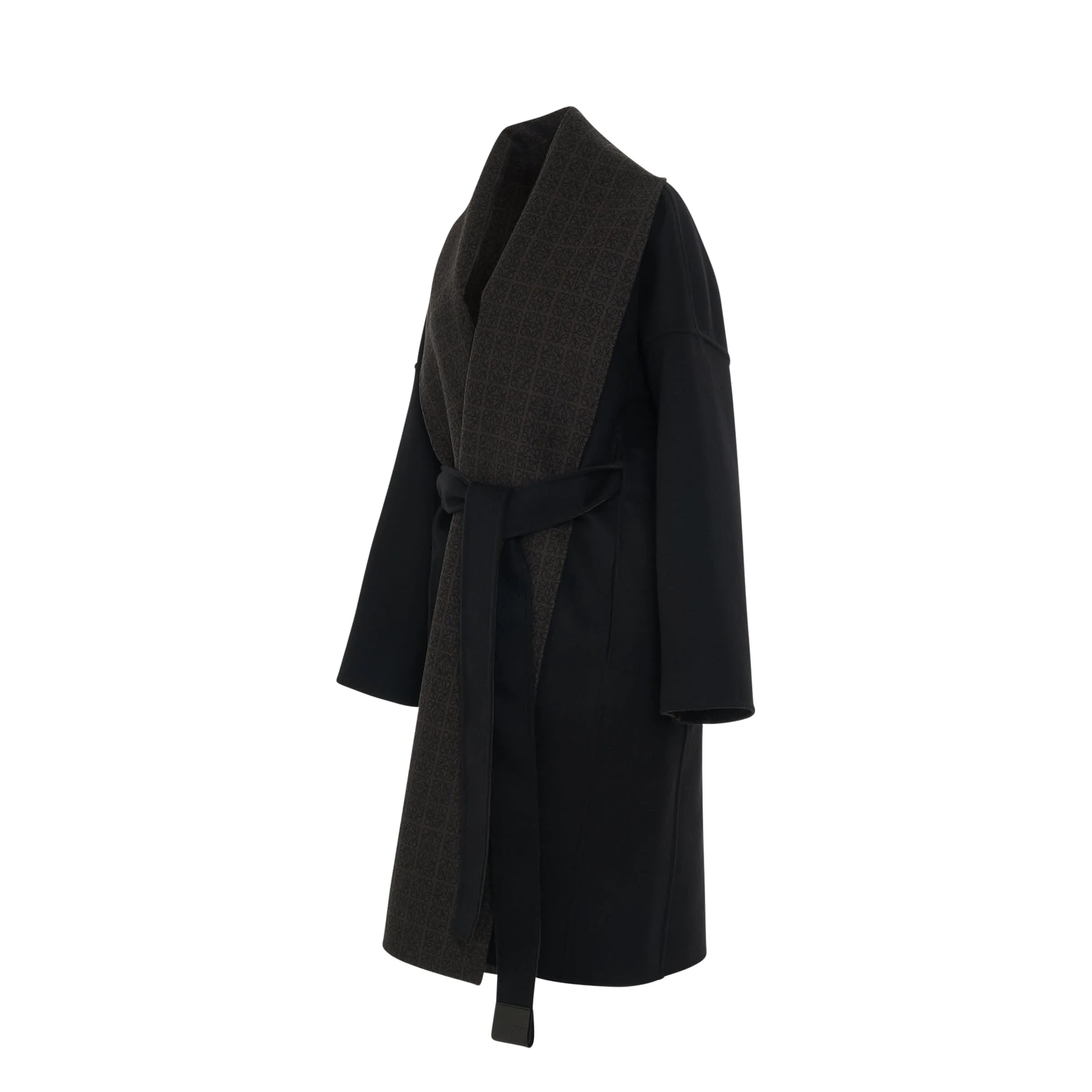 Anagram Jacquard Belted Wool Coat in Black