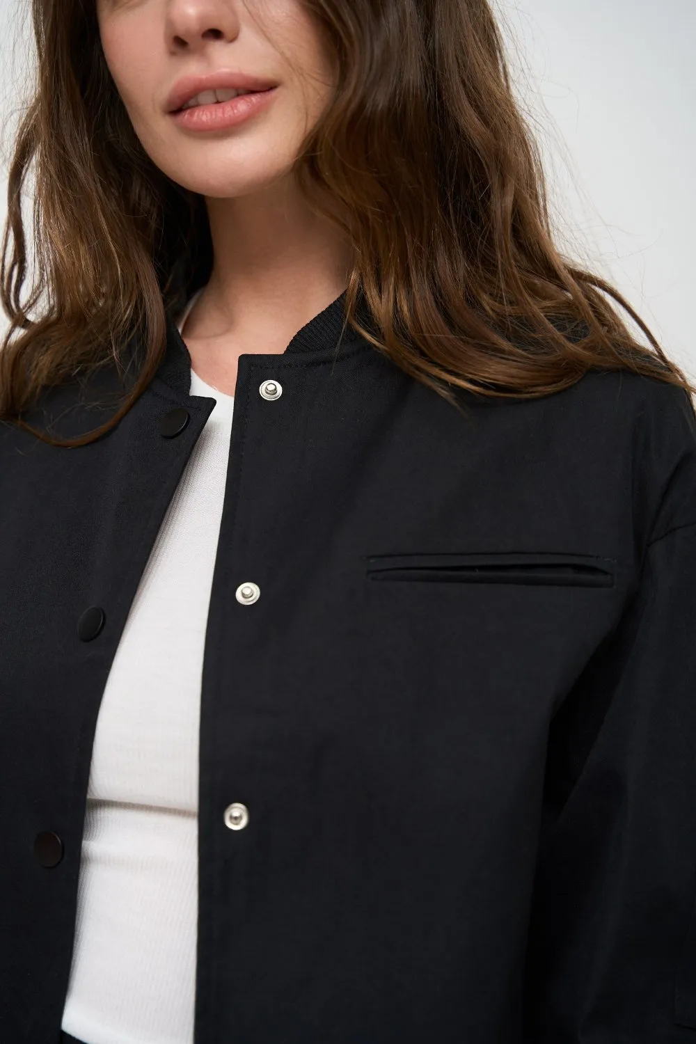 Black Cropped Bomber Jacket with Pockets