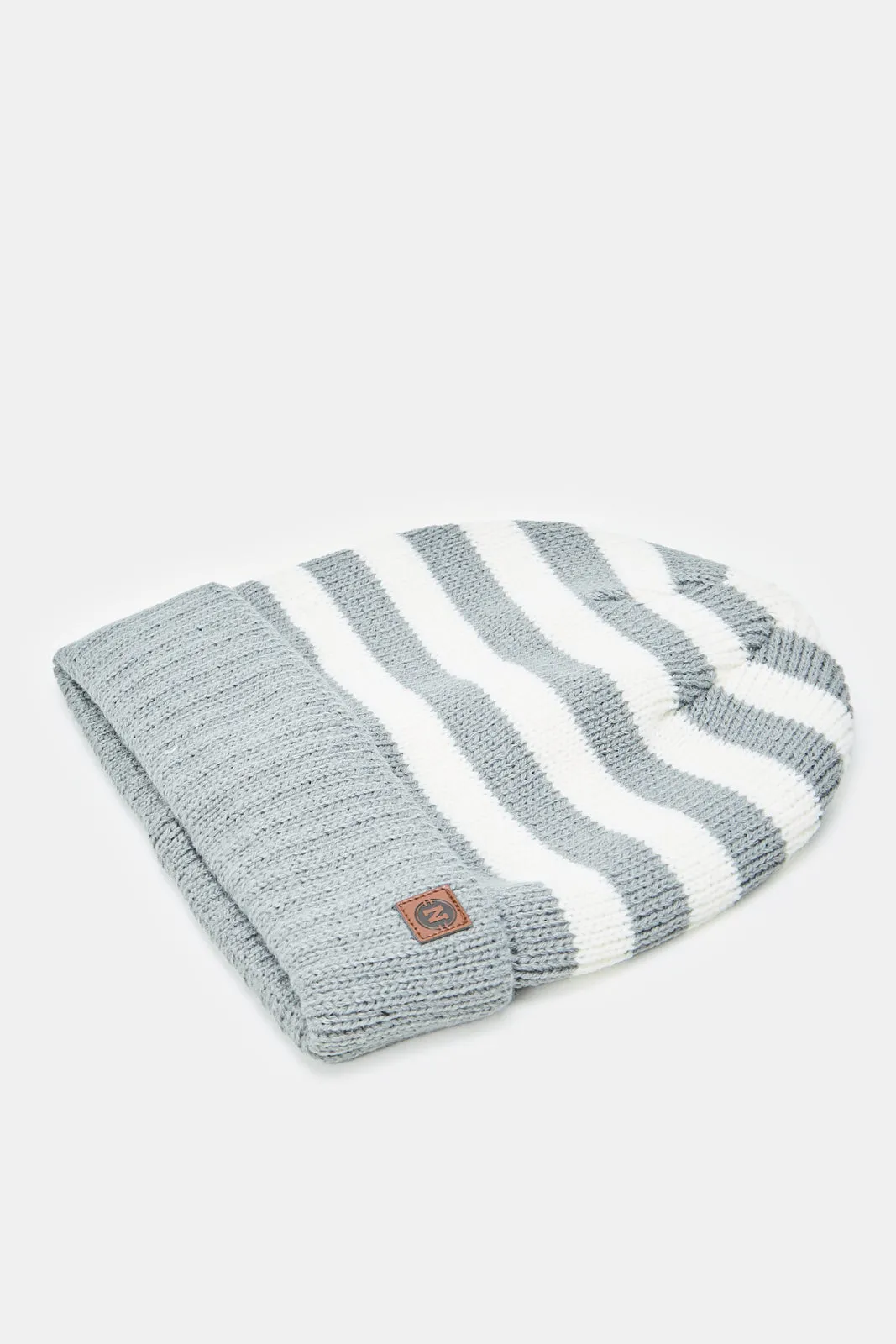 Boys Navy And Grey Striped Knitted Cap Set (2 Piece)