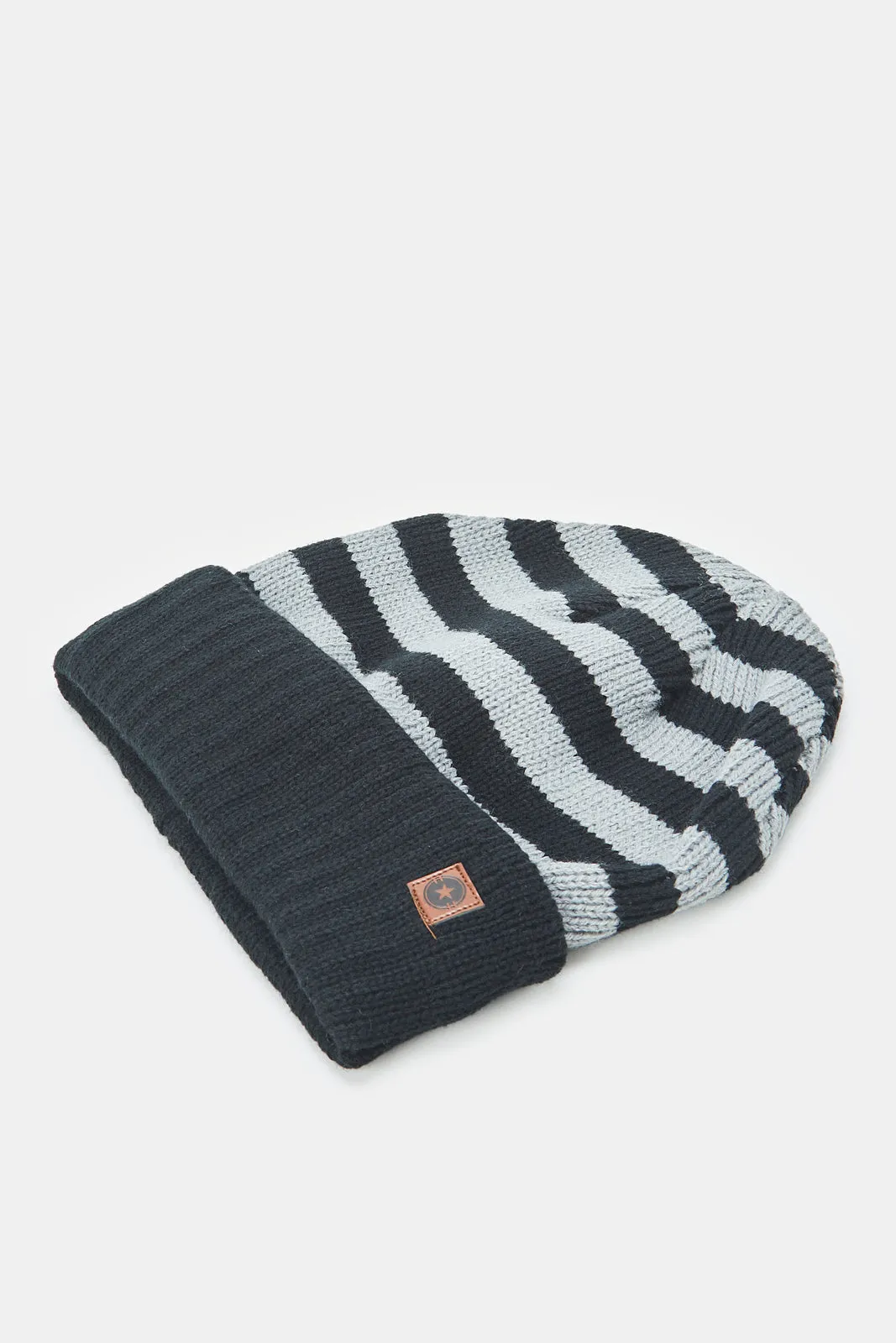 Boys Navy And Grey Striped Knitted Cap Set (2 Piece)