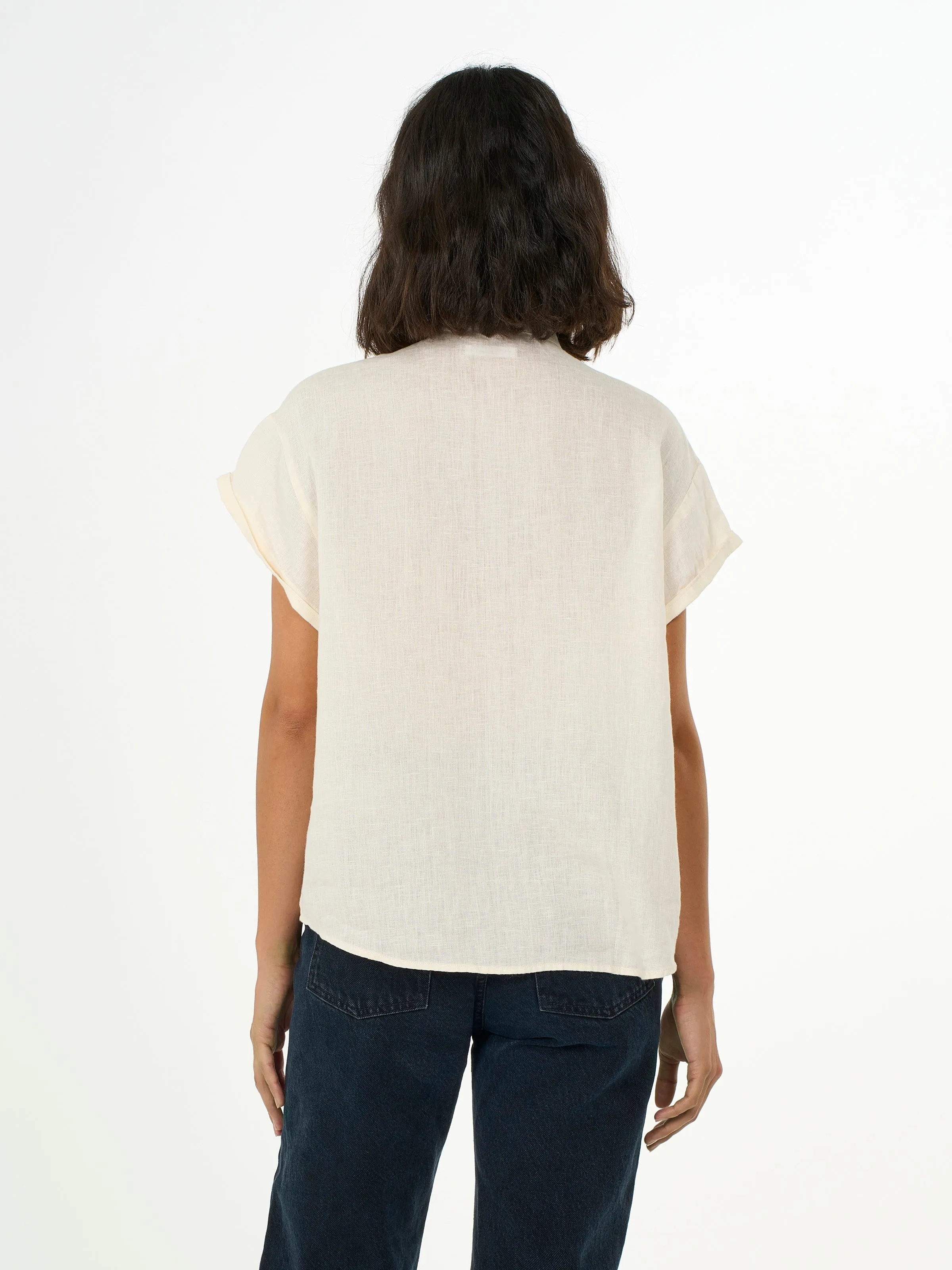 Collar stand short sleeve linen shirt - Buttercream