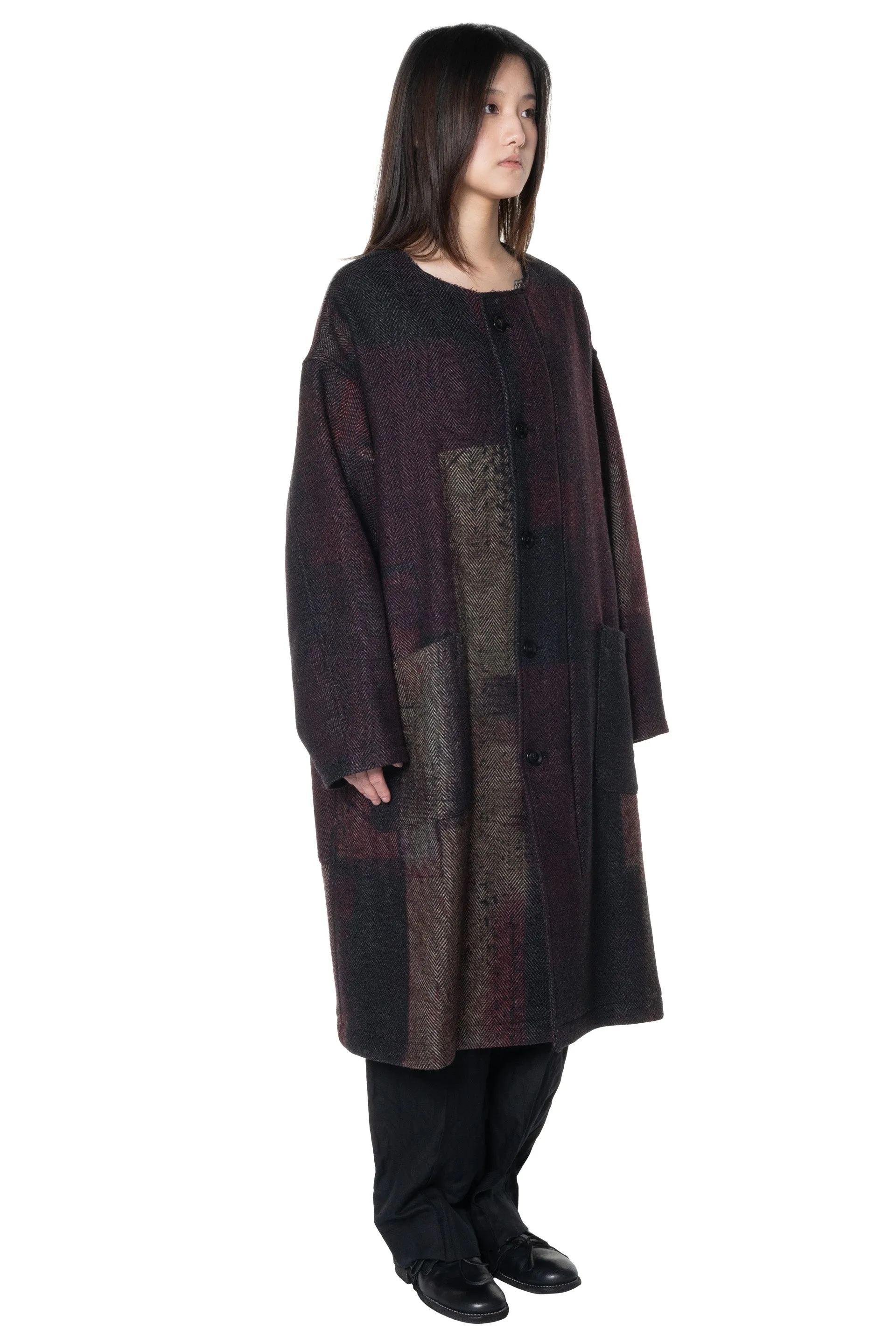 Collarless Coat Herringbone Abstract Block