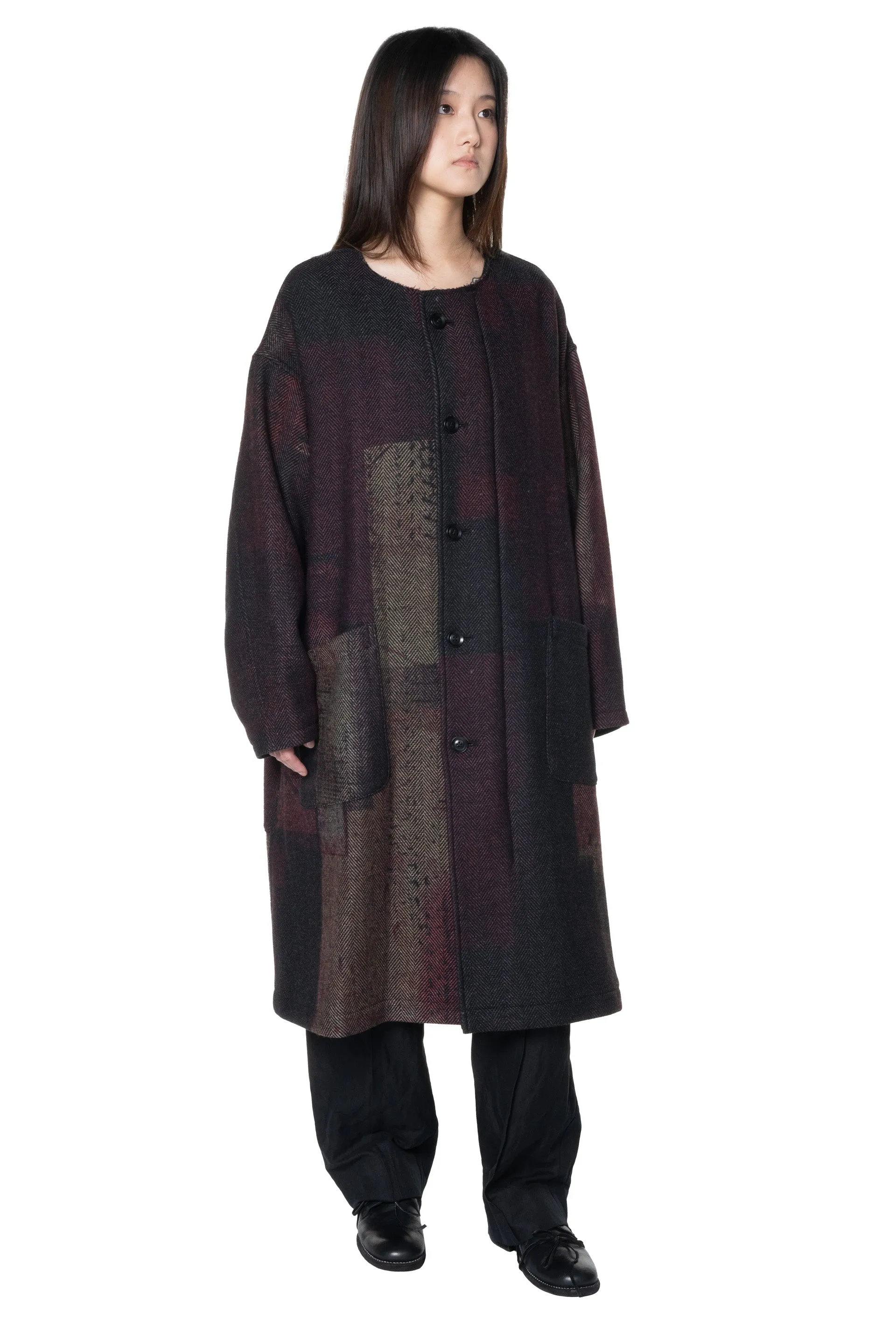 Collarless Coat Herringbone Abstract Block