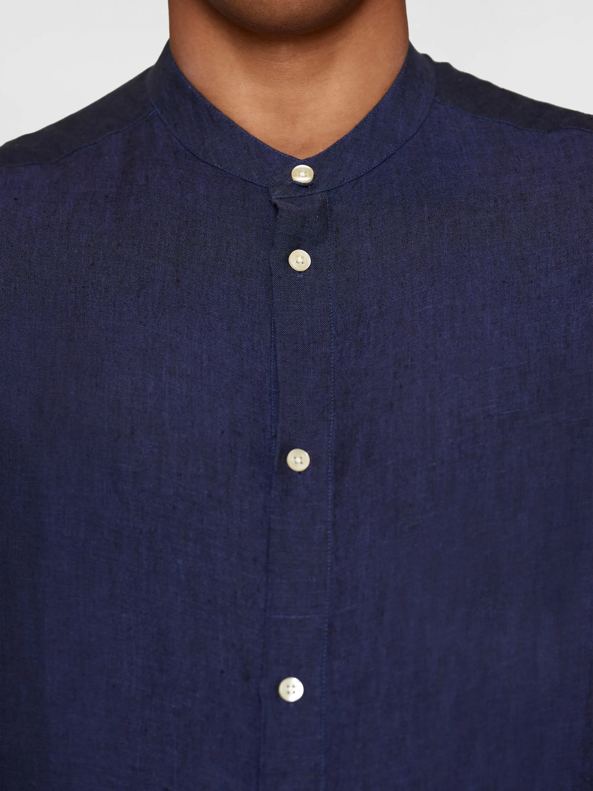 Custom fit linen stand collar shirt - Yarndyed - Total Eclipse