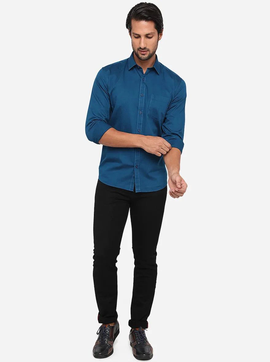 Dark Blue Solid Slim Fit Semi Casual Shirt | JadeBlue