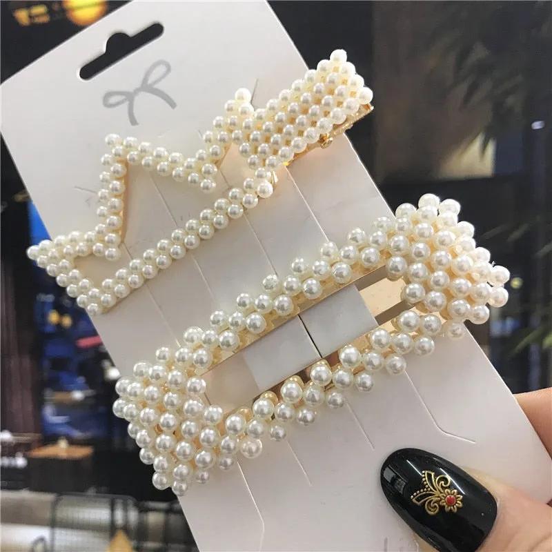 deanwangkt 1Set Handmade Pearls Hair Clips Pin for Women Fashion Geometric Flower Barrettes Headwear Girls Sweet Hairpins Hair Accessorie