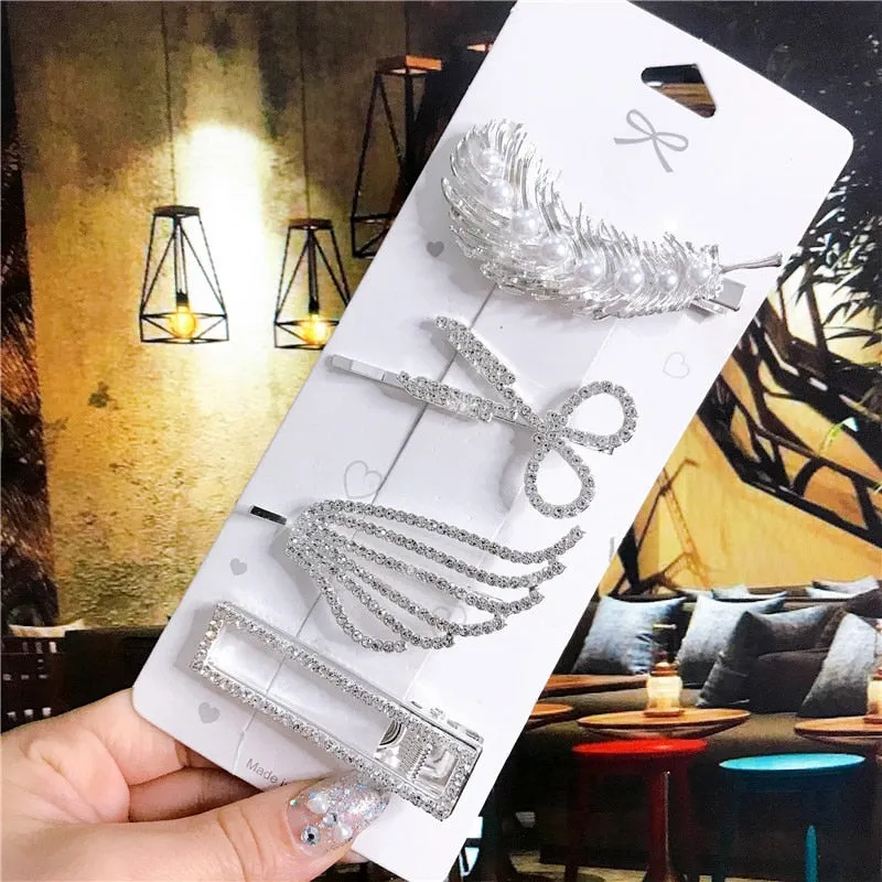 deanwangkt 4PCS Hair Accessories Gold Silver Hair Clips Set Vintage Feather Starfish Crystal Pearls Hairpin For Women Fashion Headwear