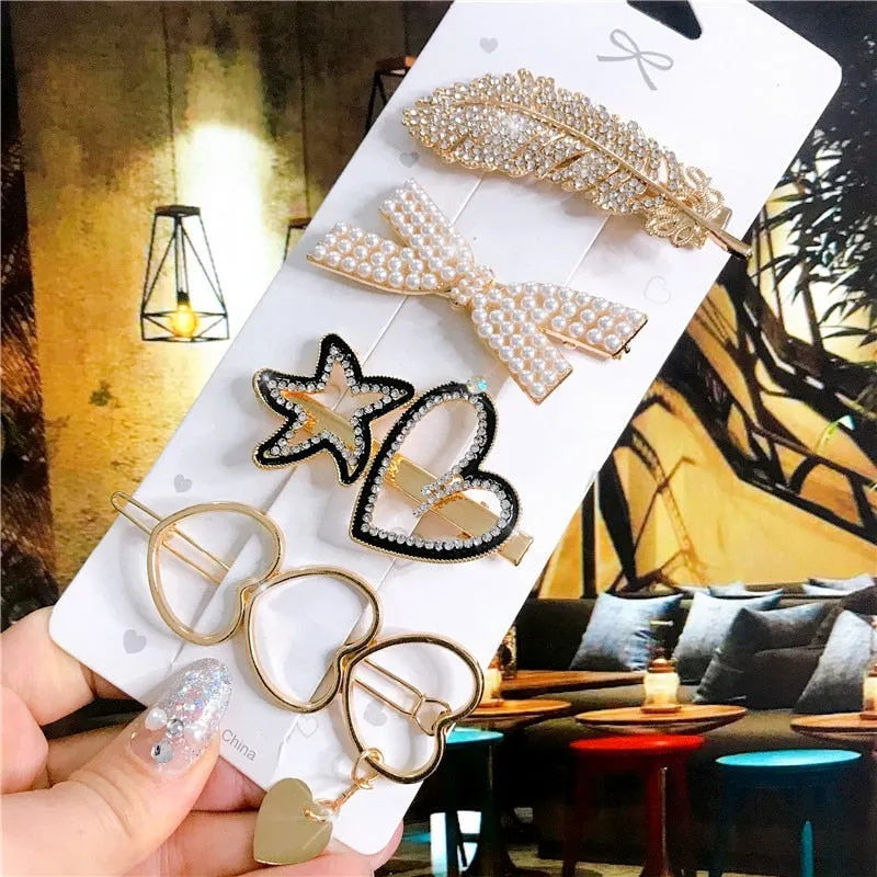 deanwangkt 4PCS Hair Accessories Gold Silver Hair Clips Set Vintage Feather Starfish Crystal Pearls Hairpin For Women Fashion Headwear