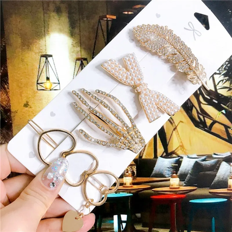 deanwangkt 4PCS Hair Accessories Gold Silver Hair Clips Set Vintage Feather Starfish Crystal Pearls Hairpin For Women Fashion Headwear