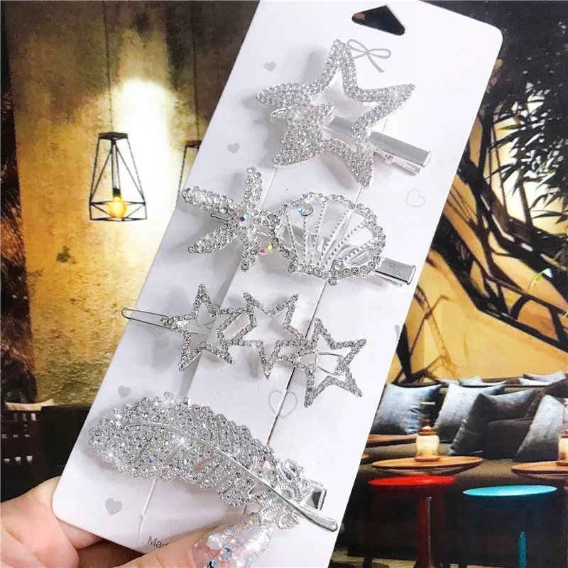 deanwangkt 4PCS Hair Accessories Gold Silver Hair Clips Set Vintage Feather Starfish Crystal Pearls Hairpin For Women Fashion Headwear