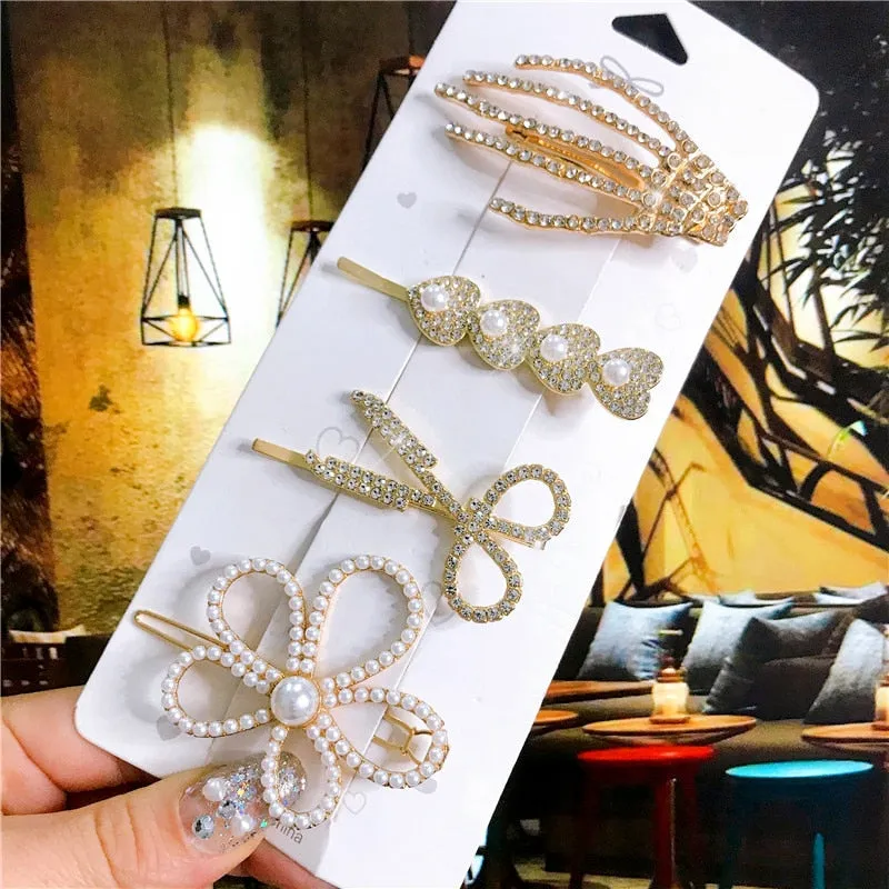 deanwangkt 4PCS Hair Accessories Gold Silver Hair Clips Set Vintage Feather Starfish Crystal Pearls Hairpin For Women Fashion Headwear