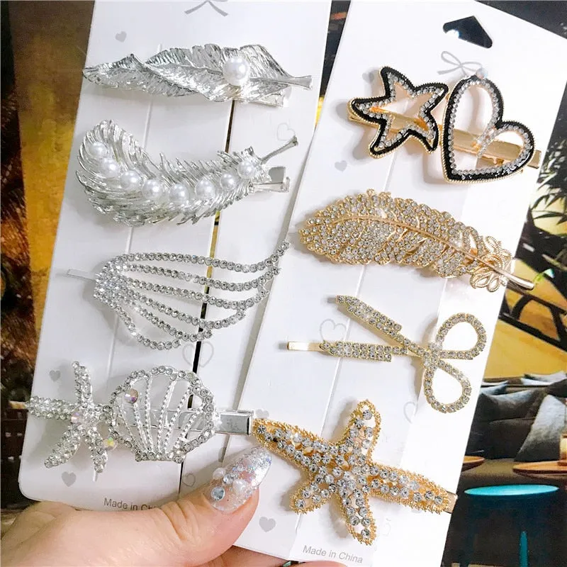 deanwangkt 4PCS Hair Accessories Gold Silver Hair Clips Set Vintage Feather Starfish Crystal Pearls Hairpin For Women Fashion Headwear