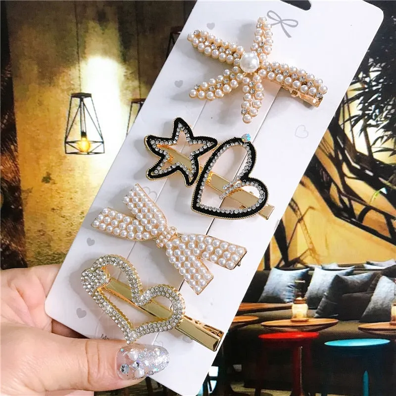 deanwangkt 4PCS Hair Accessories Gold Silver Hair Clips Set Vintage Feather Starfish Crystal Pearls Hairpin For Women Fashion Headwear