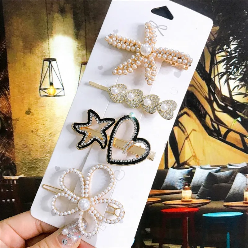 deanwangkt 4PCS Hair Accessories Gold Silver Hair Clips Set Vintage Feather Starfish Crystal Pearls Hairpin For Women Fashion Headwear