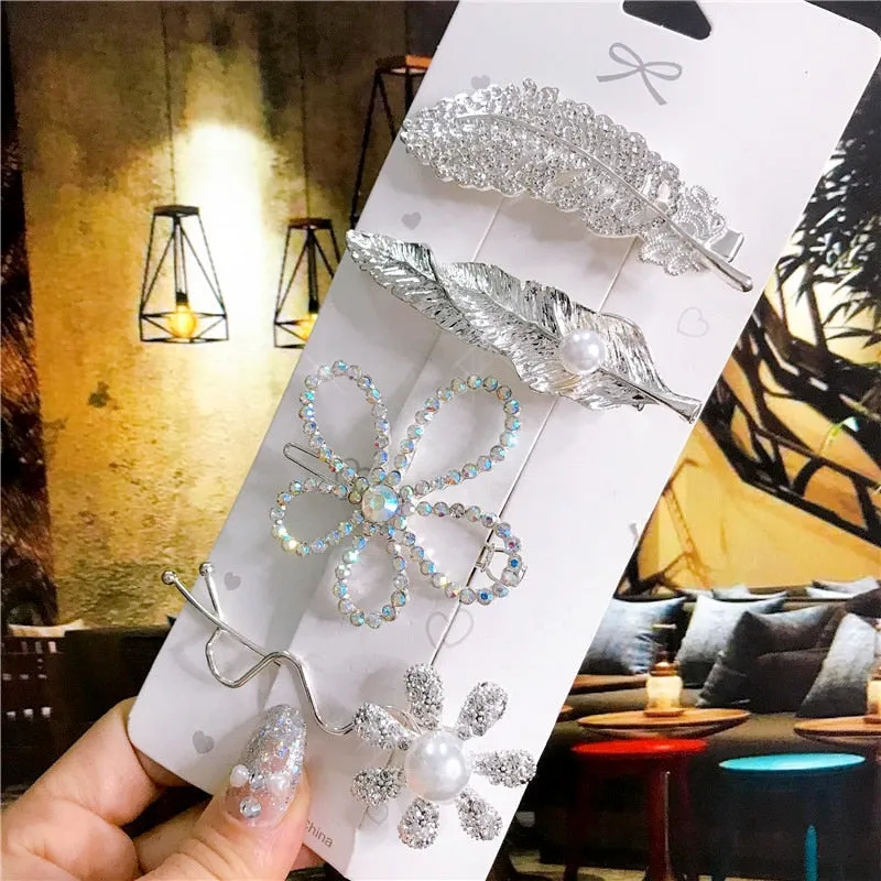 deanwangkt 4PCS Hair Accessories Gold Silver Hair Clips Set Vintage Feather Starfish Crystal Pearls Hairpin For Women Fashion Headwear