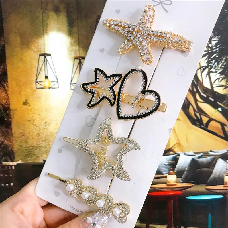 deanwangkt 4PCS Hair Accessories Gold Silver Hair Clips Set Vintage Feather Starfish Crystal Pearls Hairpin For Women Fashion Headwear