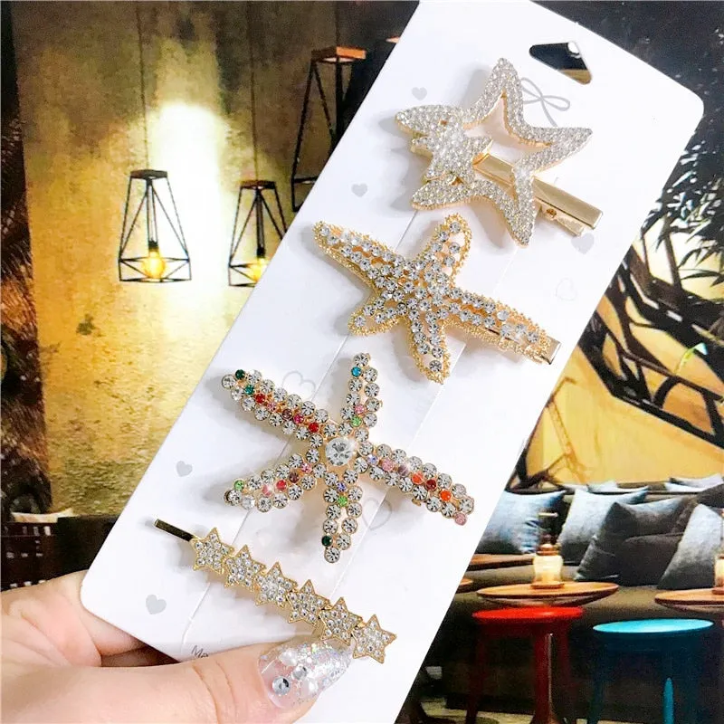 deanwangkt 4PCS Hair Accessories Gold Silver Hair Clips Set Vintage Feather Starfish Crystal Pearls Hairpin For Women Fashion Headwear