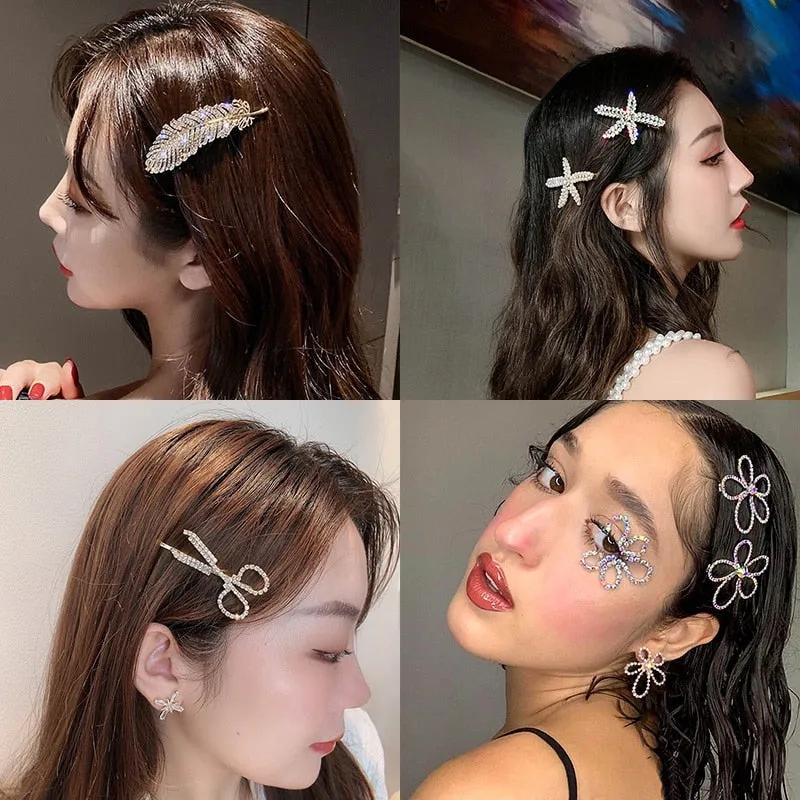 deanwangkt 4PCS Hair Accessories Gold Silver Hair Clips Set Vintage Feather Starfish Crystal Pearls Hairpin For Women Fashion Headwear