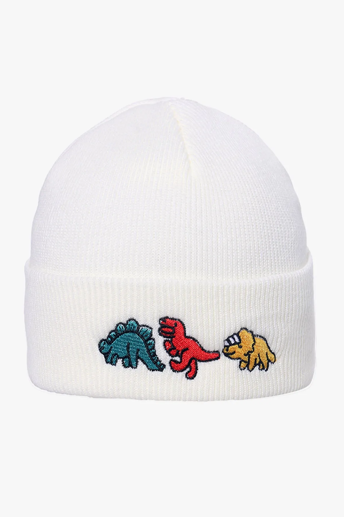 Dinosaur Embroidered White Beanie - W22 - UBH0021