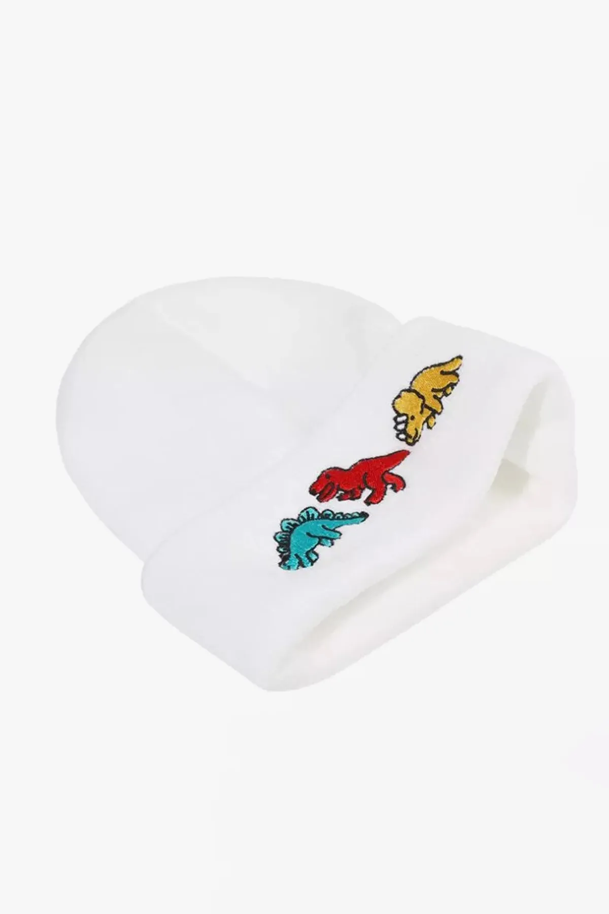 Dinosaur Embroidered White Beanie - W22 - UBH0021