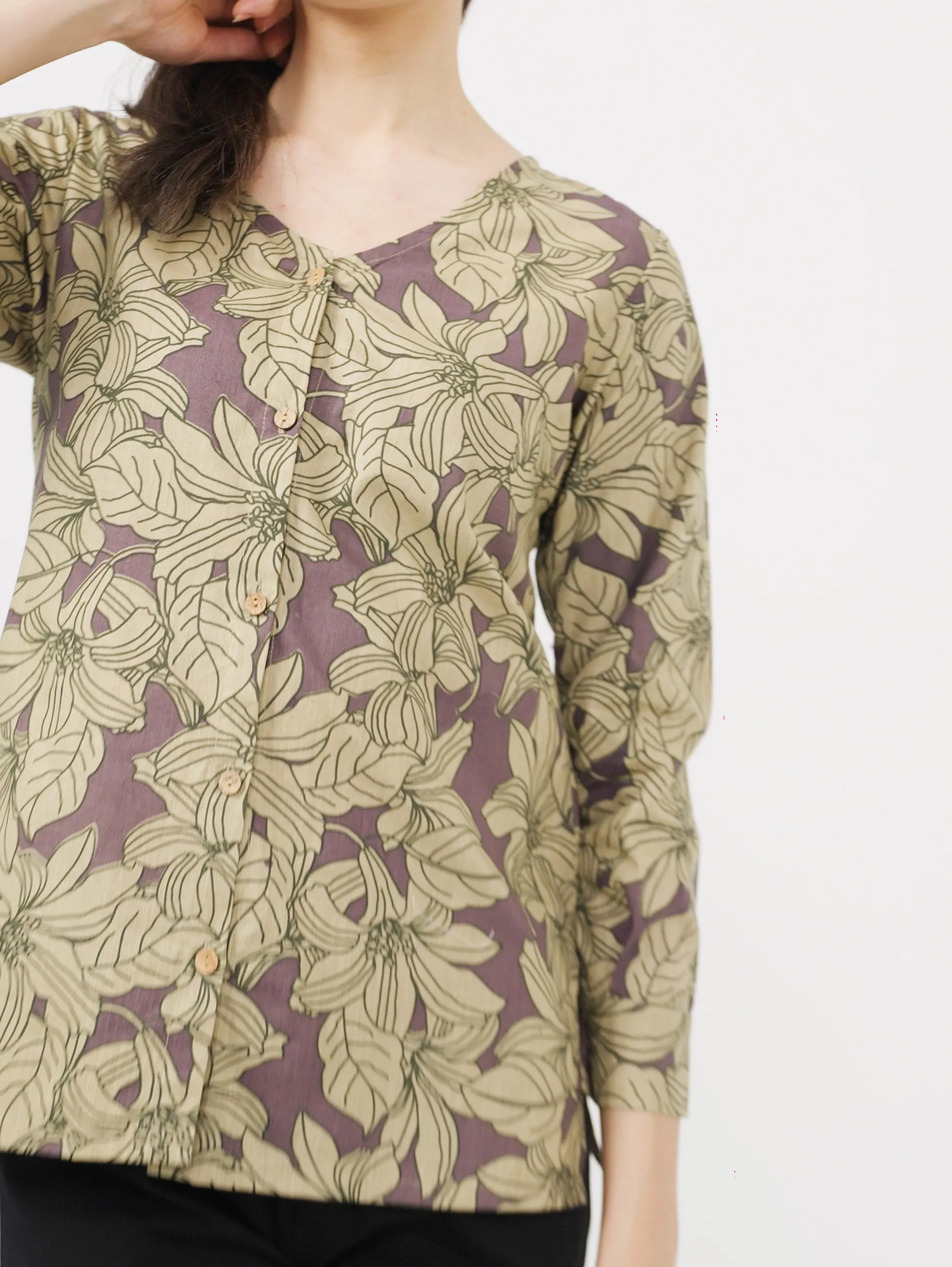 Dusty Plum Floral V Neck Shirt