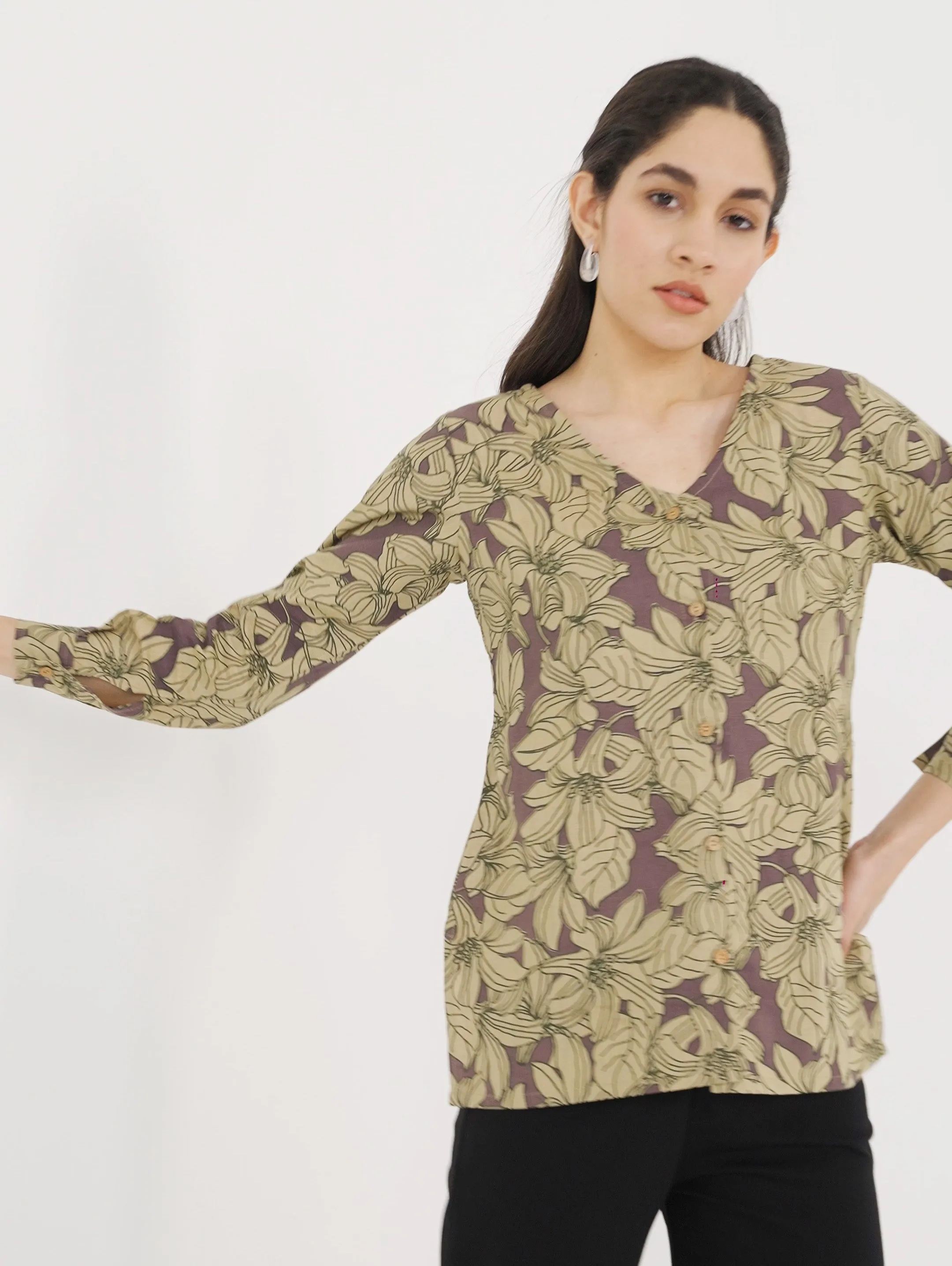 Dusty Plum Floral V Neck Shirt