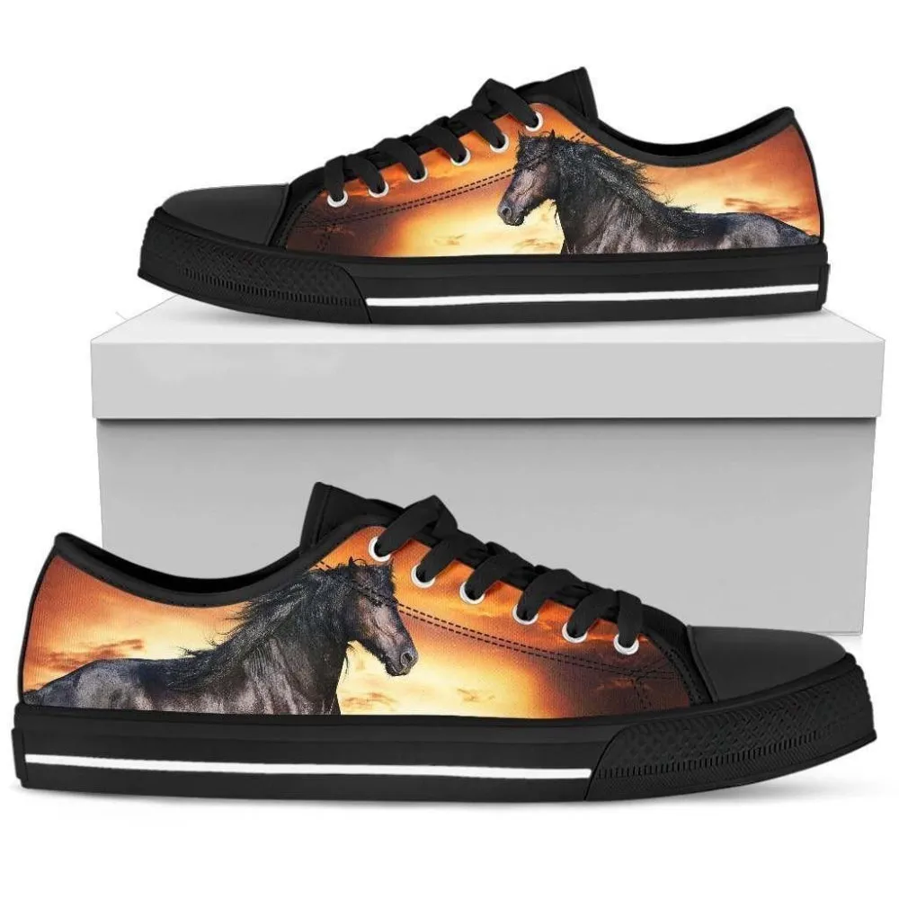 Elegant Black Horse Design Women S Low Top Shoes, Animal Print Canvas Shoes, Print On Canvas Shoes