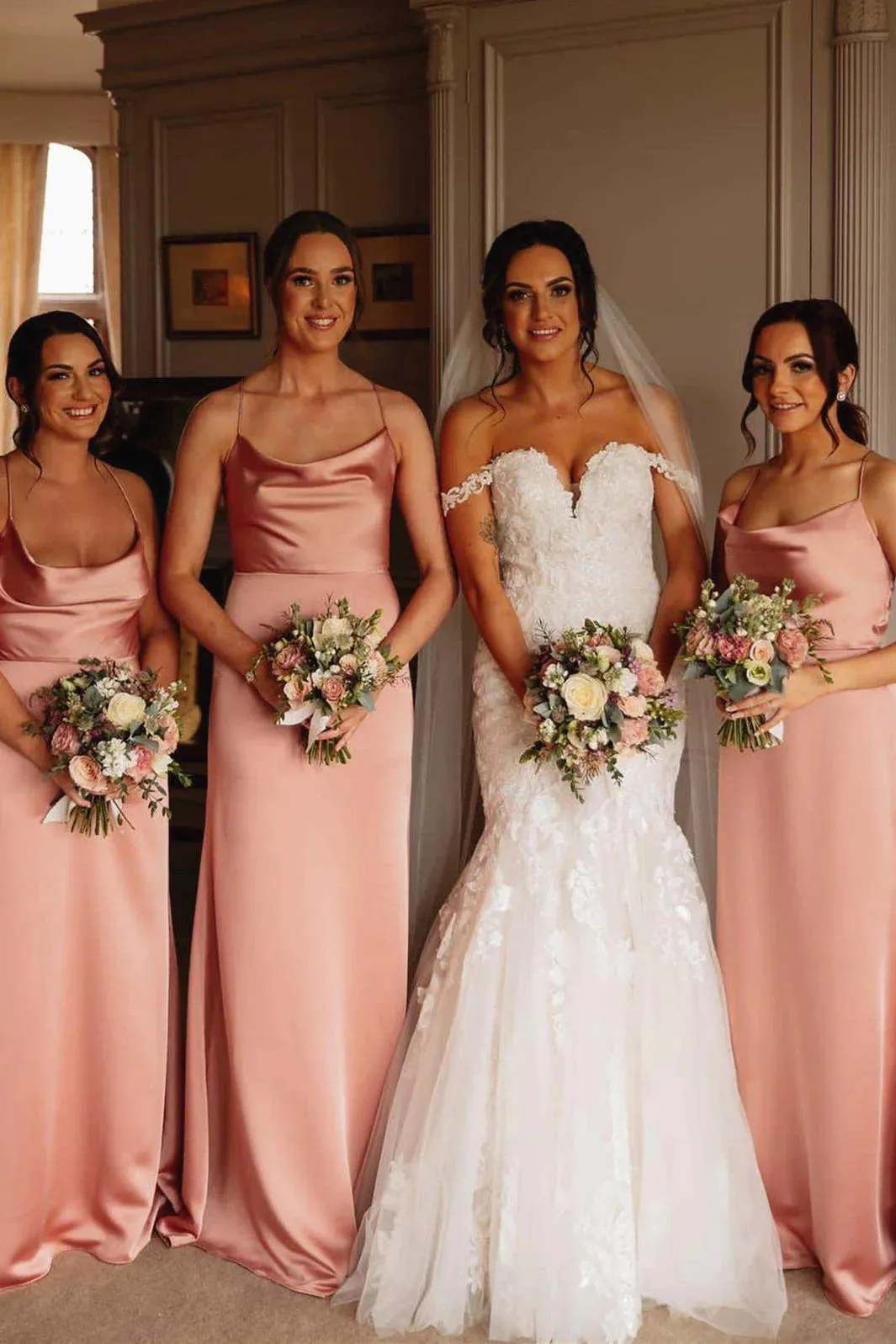 Elegant Straps Pink Floor Lenght Long Bridesmaid Dress BD108