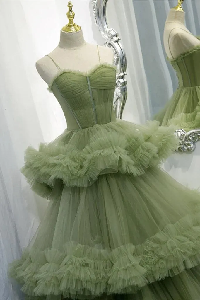 Elegant Straps Pleated Green Tiered Tulle Prom Formal Dress  PSK417