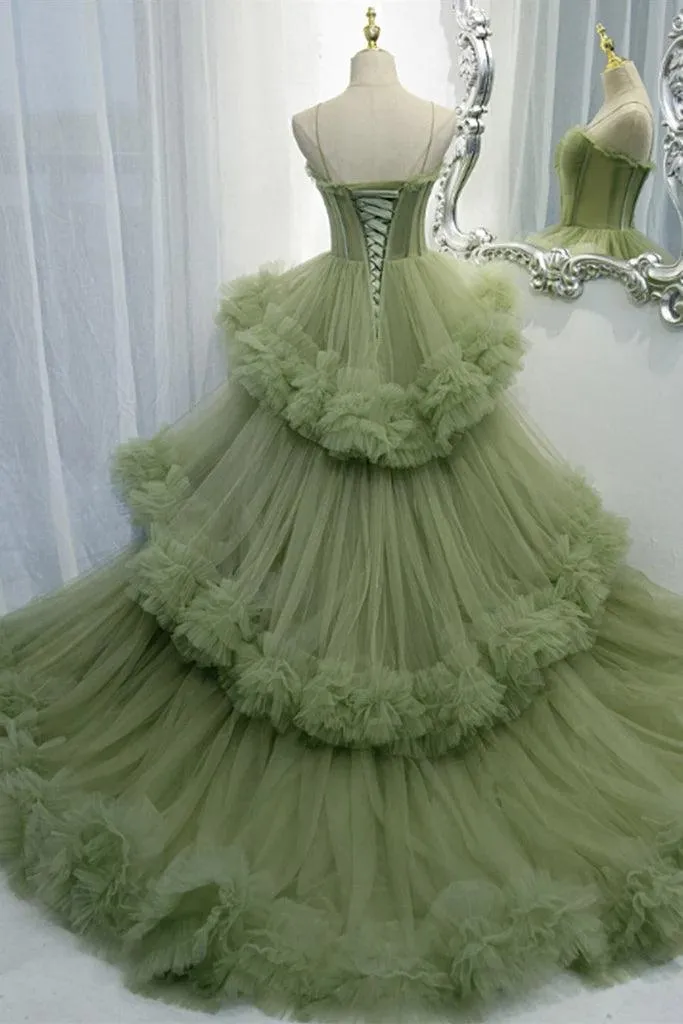 Elegant Straps Pleated Green Tiered Tulle Prom Formal Dress  PSK417