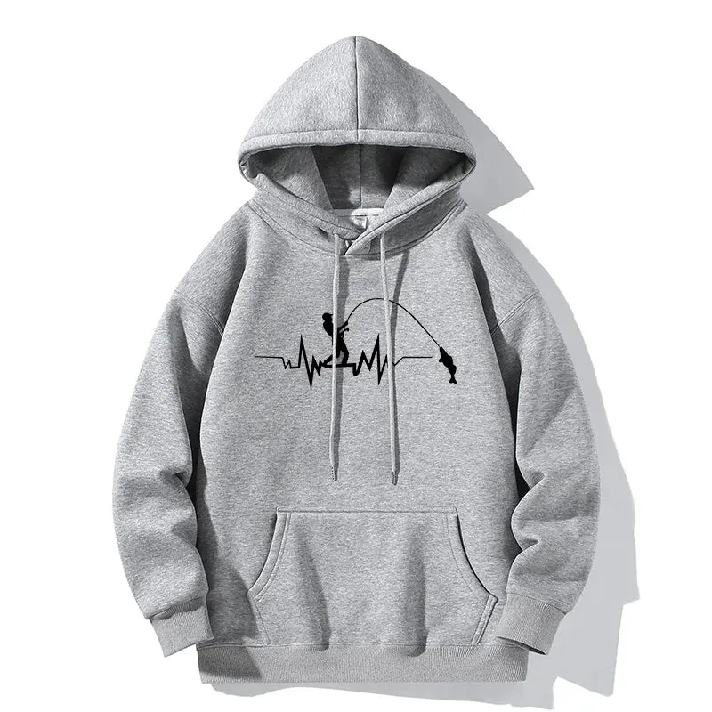 Fashion Heartbeat Line Fishing Old Print Hoodie Casual Hooded Long Sleeve Pullover Sweatshirt