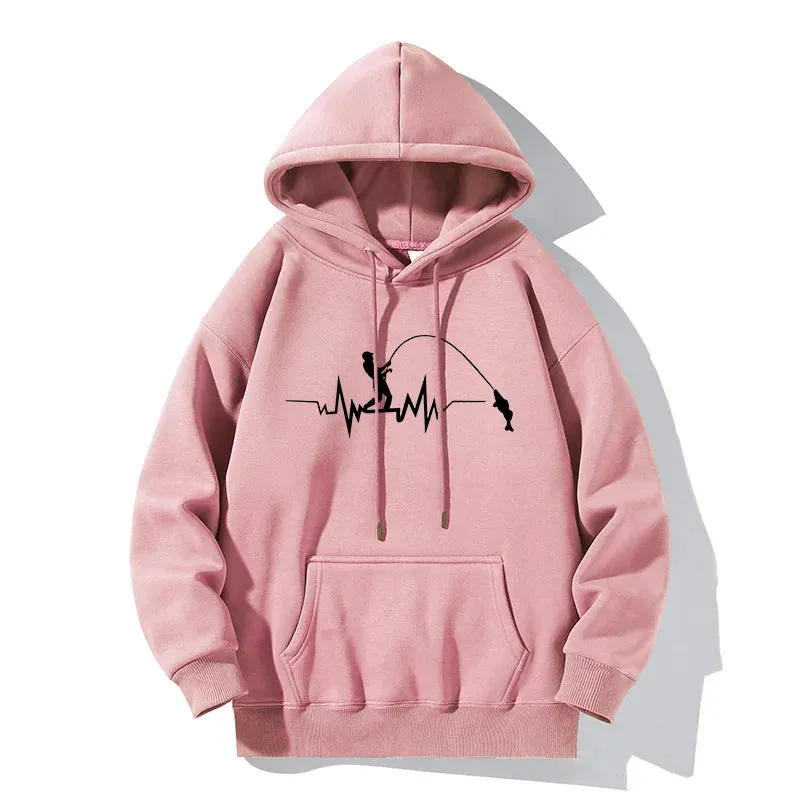 Fashion Heartbeat Line Fishing Old Print Hoodie Casual Hooded Long Sleeve Pullover Sweatshirt