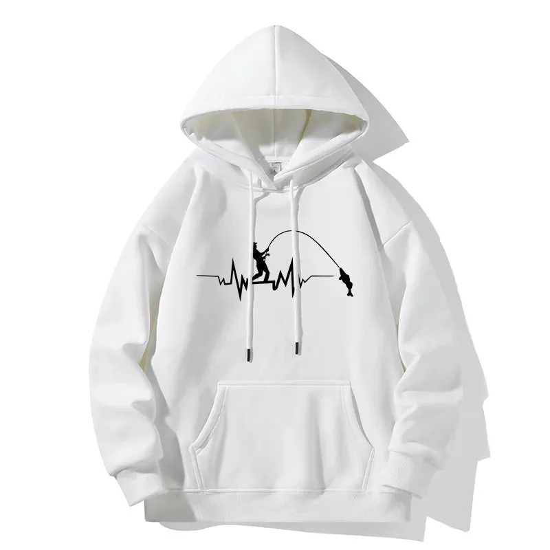 Fashion Heartbeat Line Fishing Old Print Hoodie Casual Hooded Long Sleeve Pullover Sweatshirt