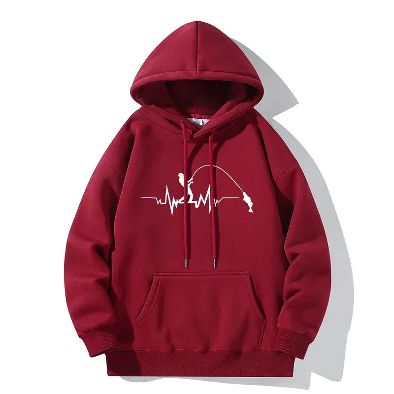 Fashion Heartbeat Line Fishing Old Print Hoodie Casual Hooded Long Sleeve Pullover Sweatshirt