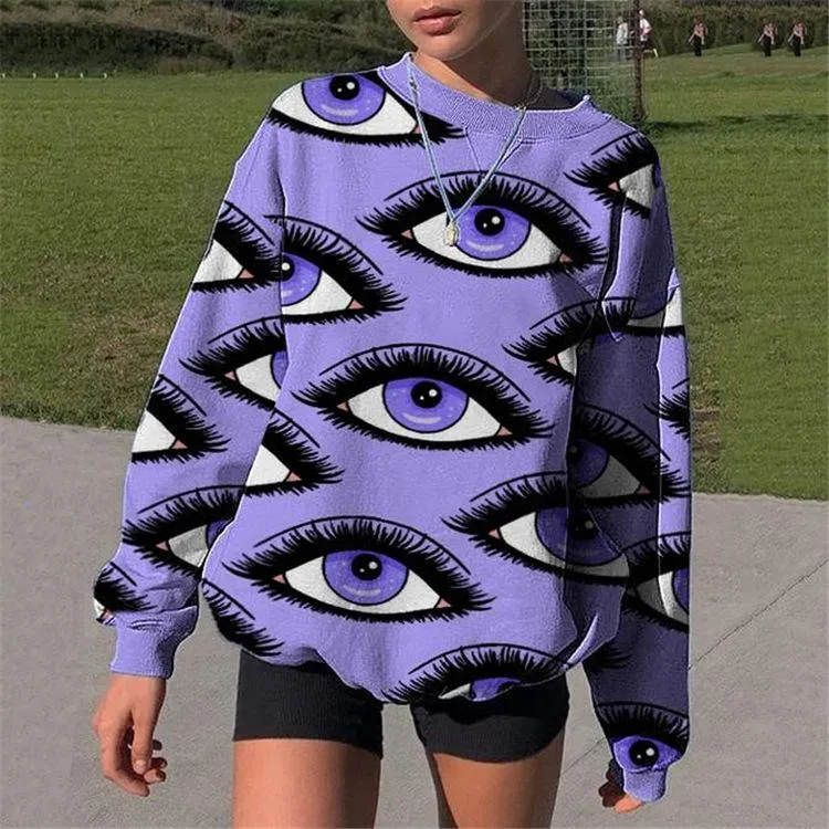 Fashion printed round neck long-sleeved mid-length sweater