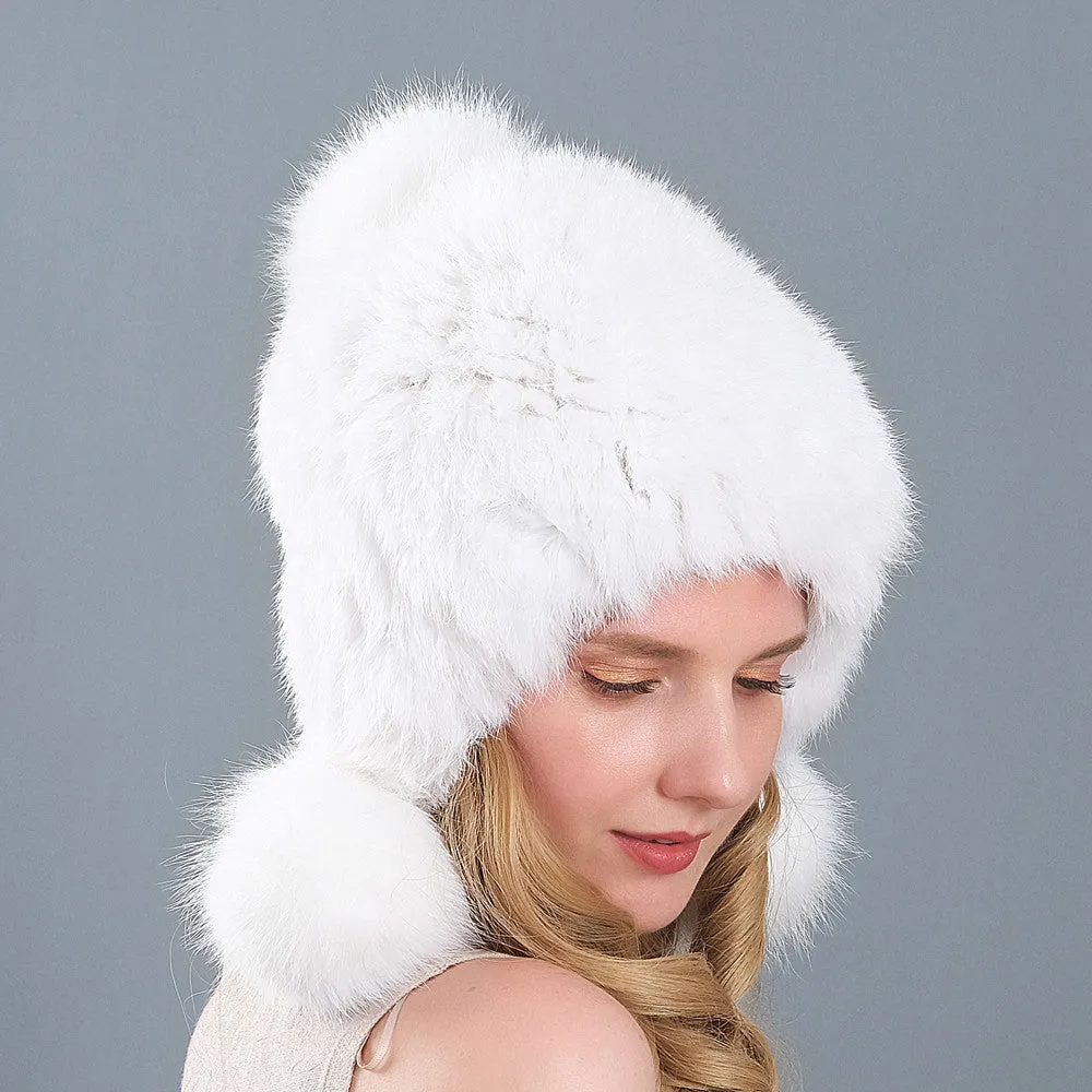 Fur hat women's three-ball winter rabbit fur fox fur ball ear protection thickened warm fur hat