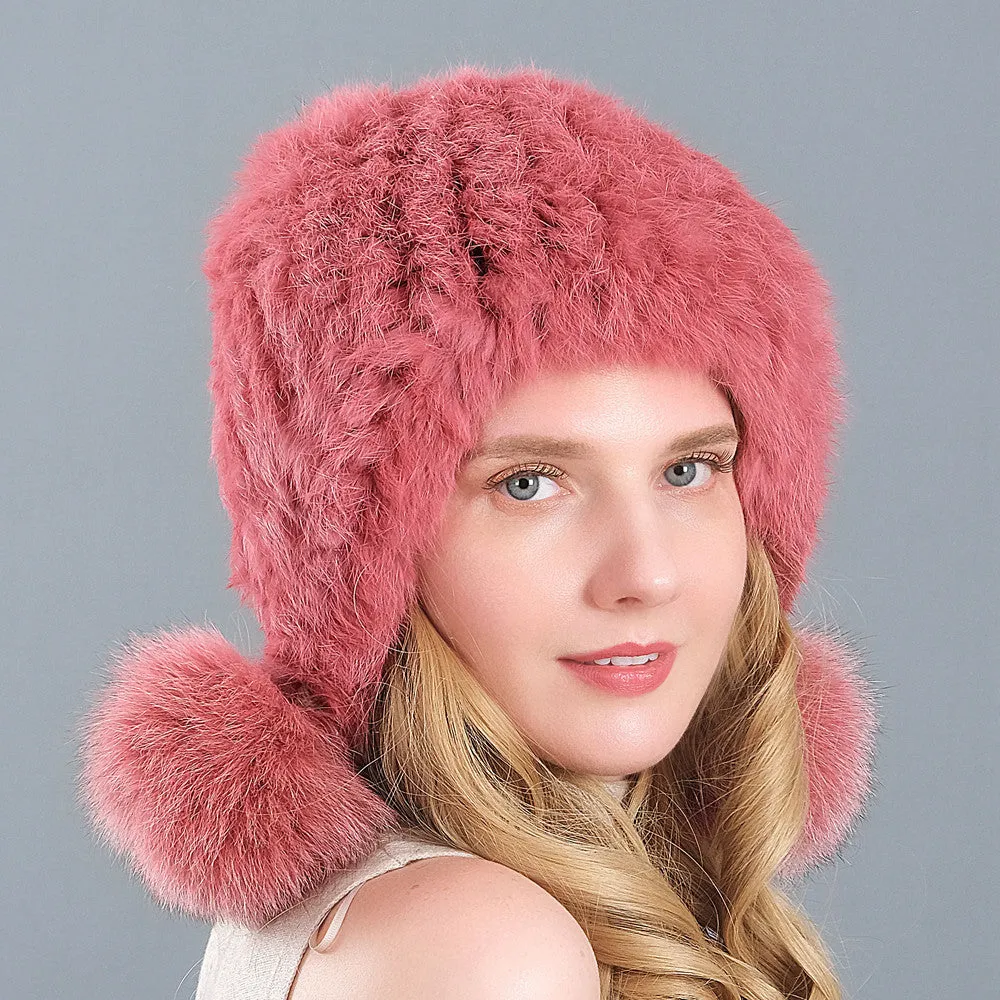 Fur hat women's three-ball winter rabbit fur fox fur ball ear protection thickened warm fur hat