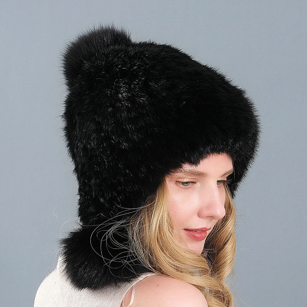 Fur hat women's three-ball winter rabbit fur fox fur ball ear protection thickened warm fur hat