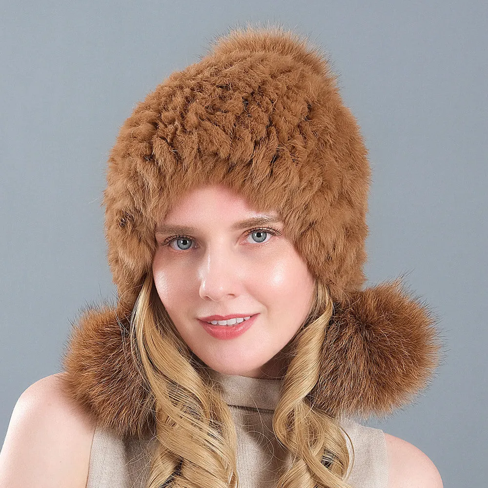 Fur hat women's three-ball winter rabbit fur fox fur ball ear protection thickened warm fur hat