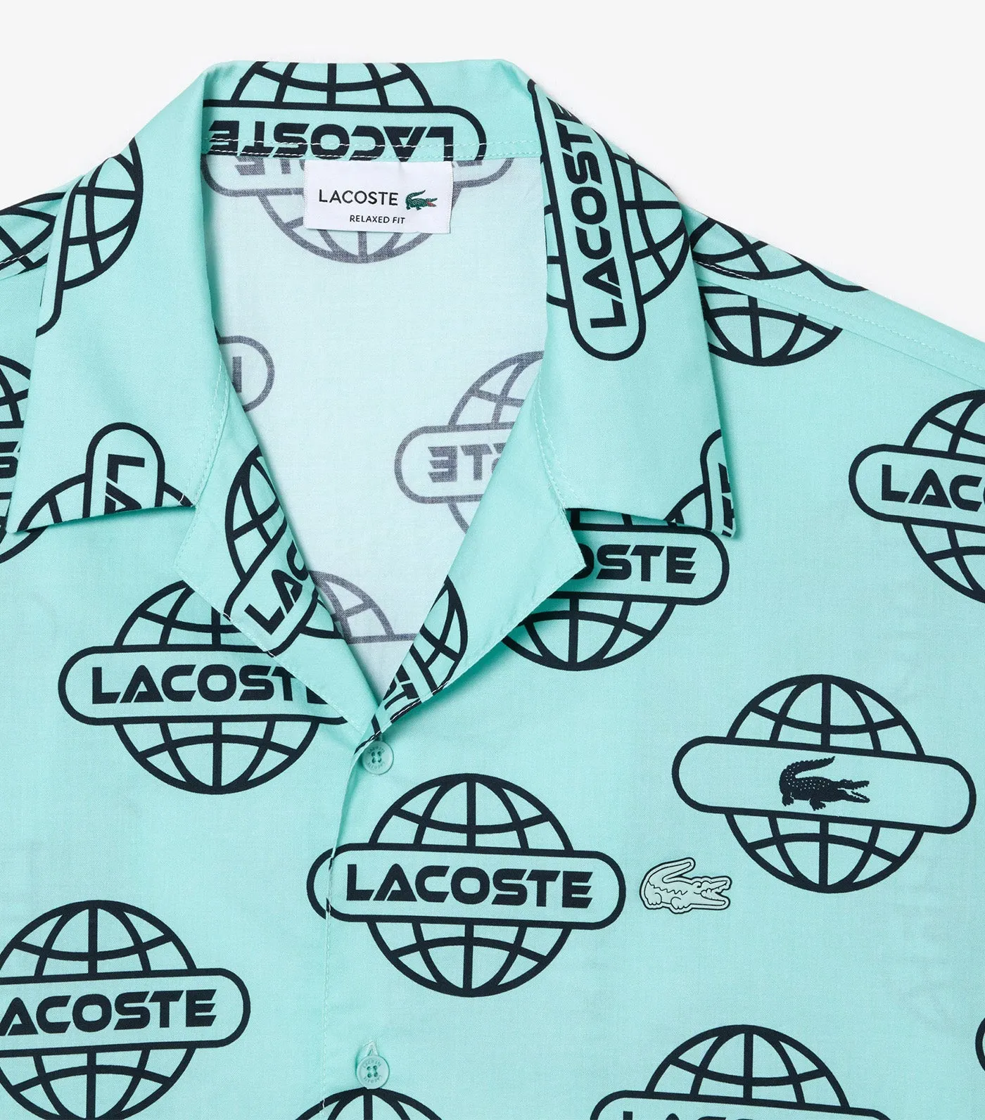 Globe Print Lacoste Cotton Twill Shirt Pastille Mint/Black