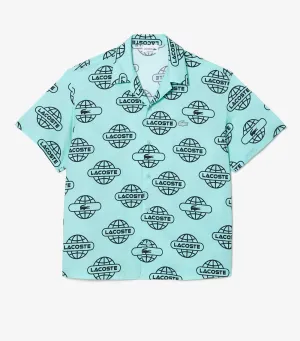 Globe Print Lacoste Cotton Twill Shirt Pastille Mint/Black