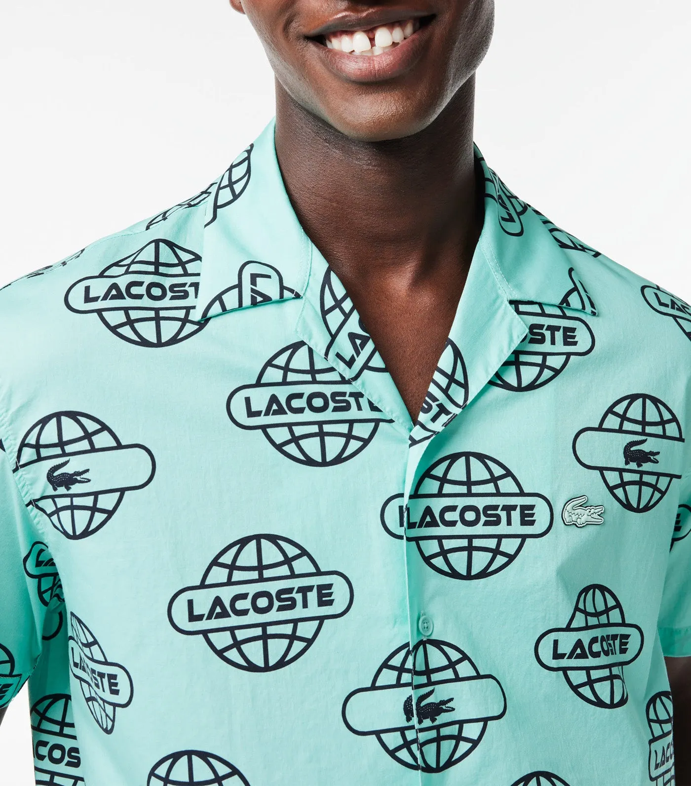 Globe Print Lacoste Cotton Twill Shirt Pastille Mint/Black