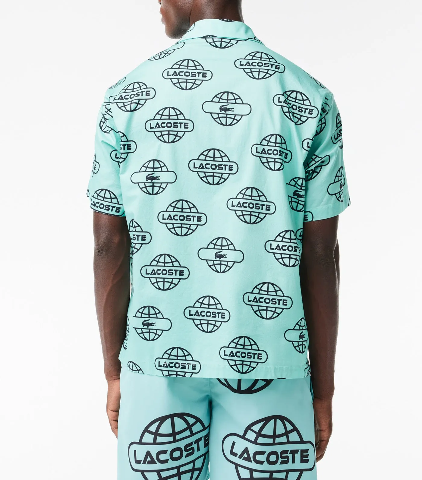 Globe Print Lacoste Cotton Twill Shirt Pastille Mint/Black