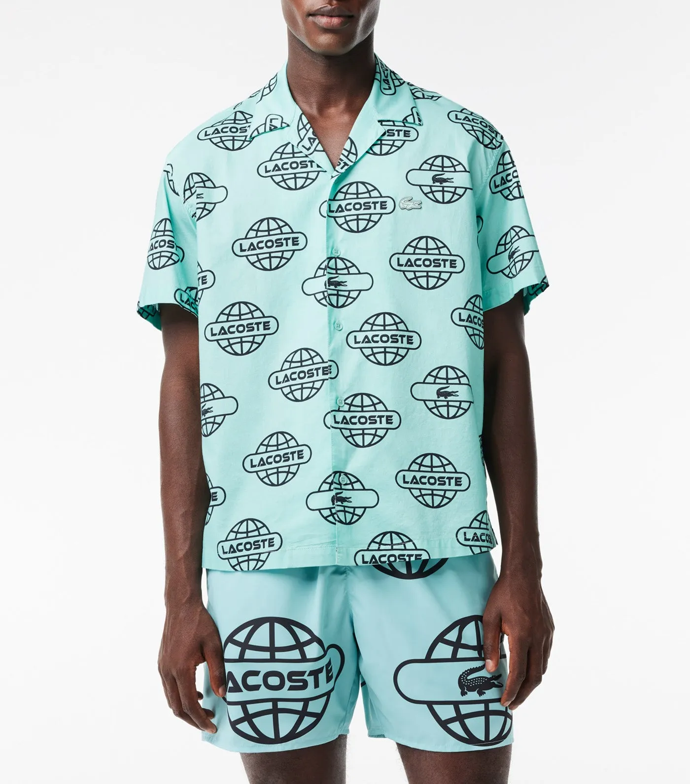 Globe Print Lacoste Cotton Twill Shirt Pastille Mint/Black