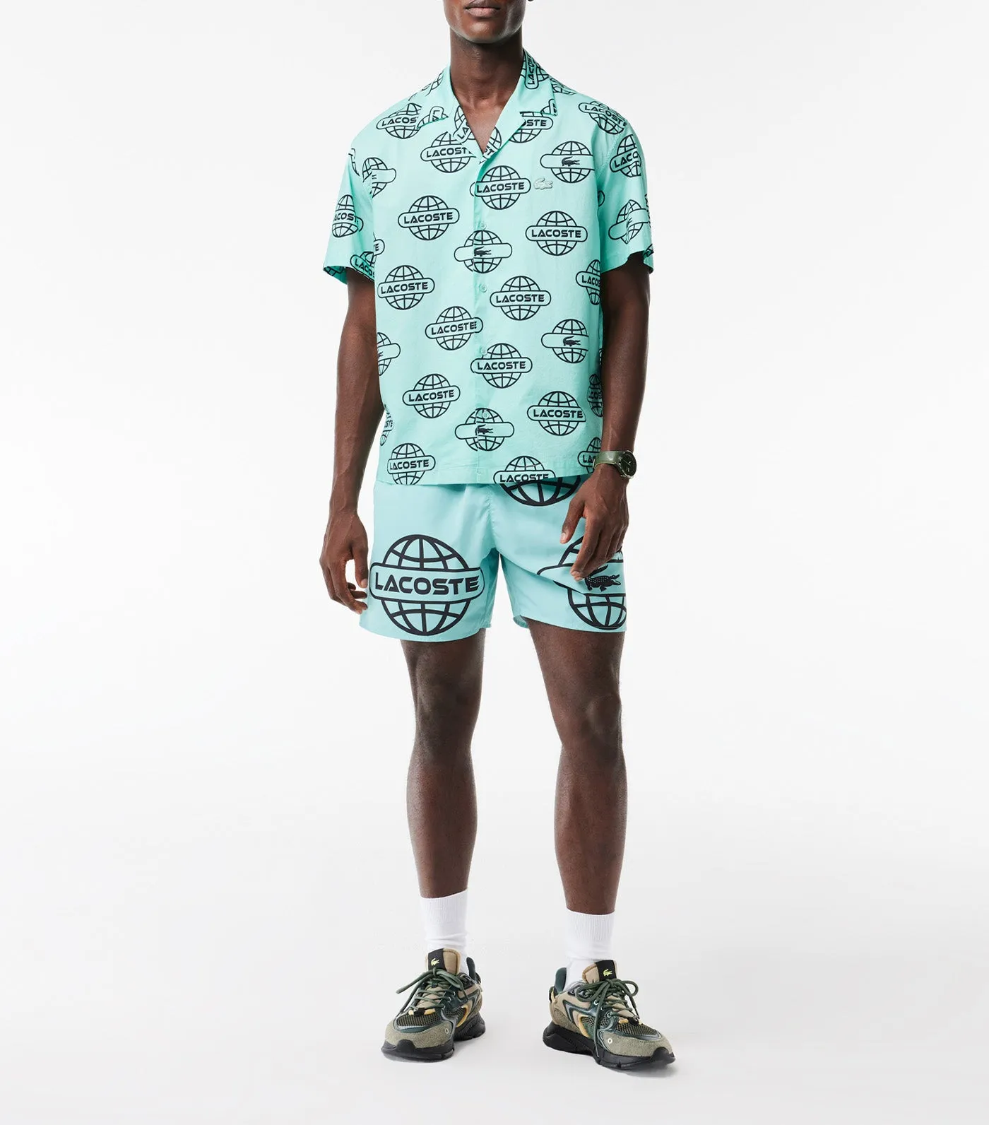 Globe Print Lacoste Cotton Twill Shirt Pastille Mint/Black