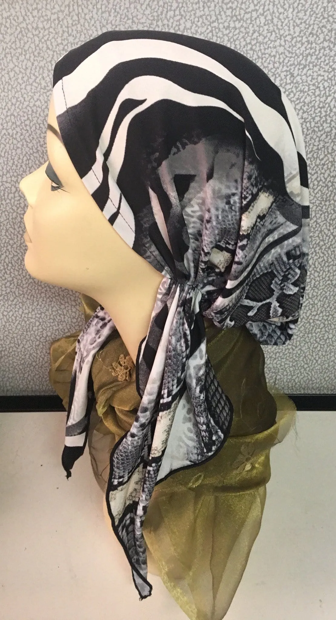 Head Scarf To Cover & Conceal Your Hair. Animal Print Black & Grey Pre-Tied