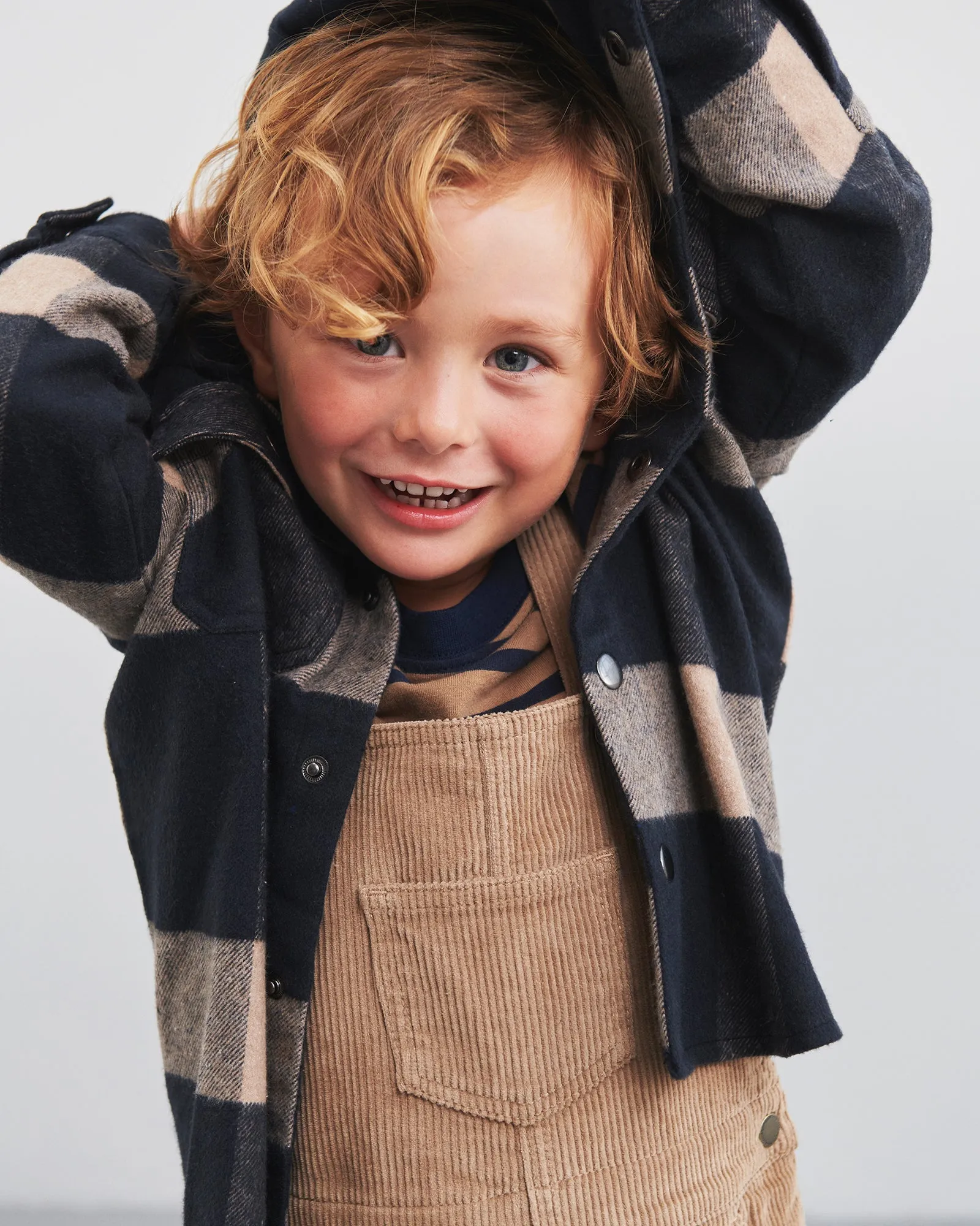 Hooded Plaid Shacket - Kids - Navy/beige